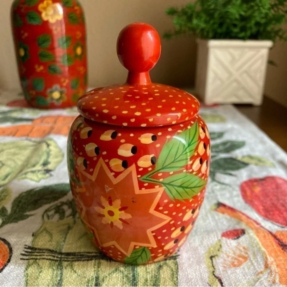 Retro Pier 1 Exports red painted decorative wooden jars with lids